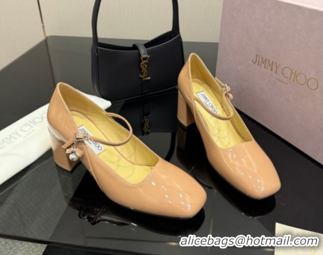 Best Grade Jimmy Choo Jenson Mary Janes Pump 6cm in Patent Leather with Pearls Bow Nude 1210065