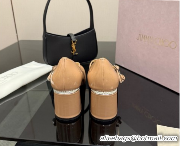 Best Grade Jimmy Choo Jenson Mary Janes Pump 6cm in Patent Leather with Pearls Bow Nude 1210065
