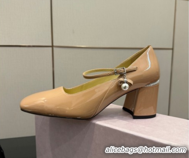 Best Grade Jimmy Choo Jenson Mary Janes Pump 6cm in Patent Leather with Pearls Bow Nude 1210065