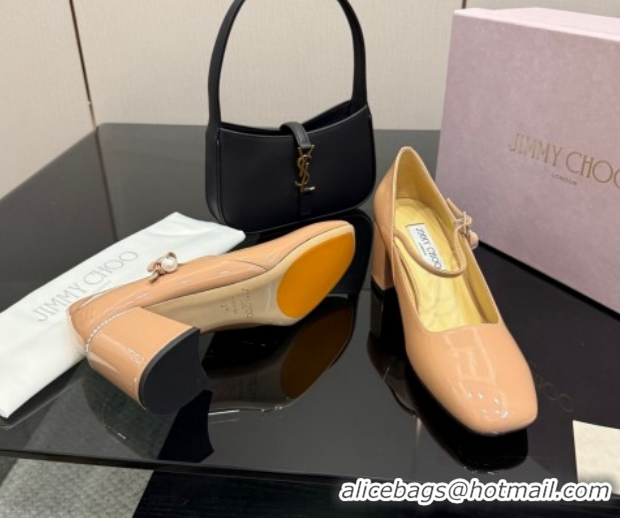 Best Grade Jimmy Choo Jenson Mary Janes Pump 6cm in Patent Leather with Pearls Bow Nude 1210065