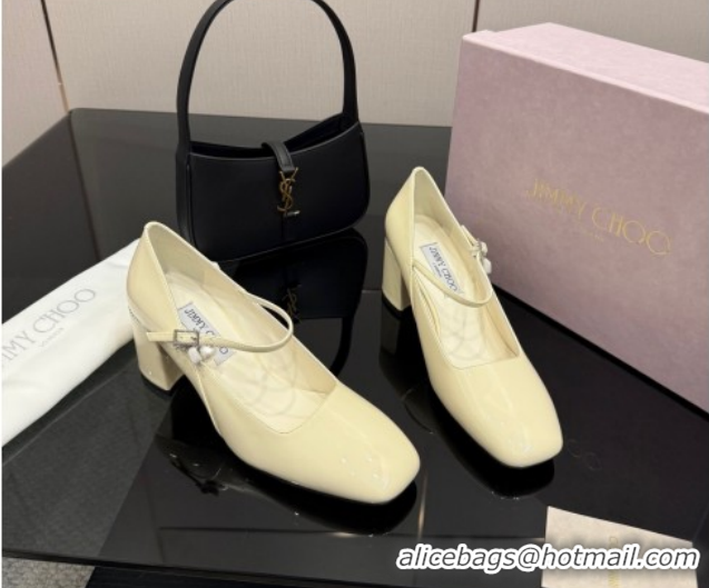 Most Popular Jimmy Choo Jenson Mary Janes Pump 6cm in Patent Leather with Pearls Bow White 1210067
