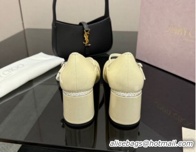 Most Popular Jimmy Choo Jenson Mary Janes Pump 6cm in Patent Leather with Pearls Bow White 1210067