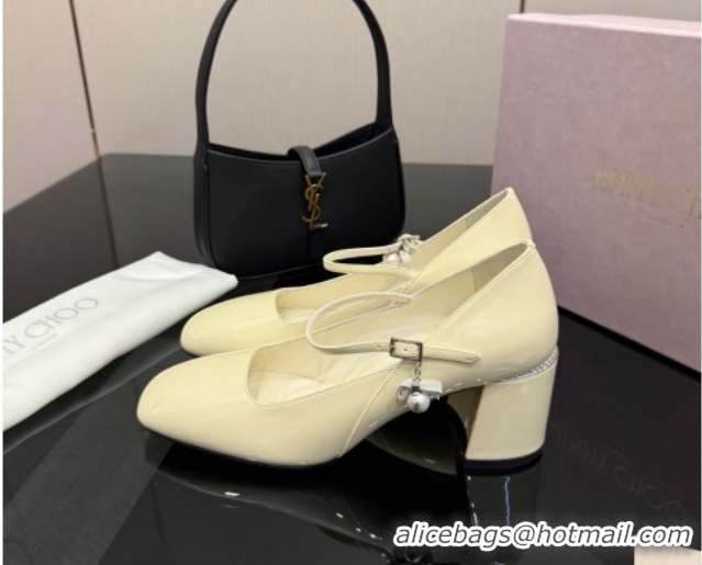 Most Popular Jimmy Choo Jenson Mary Janes Pump 6cm in Patent Leather with Pearls Bow White 1210067