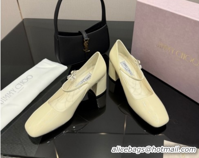 Most Popular Jimmy Choo Jenson Mary Janes Pump 6cm in Patent Leather with Pearls Bow White 1210067