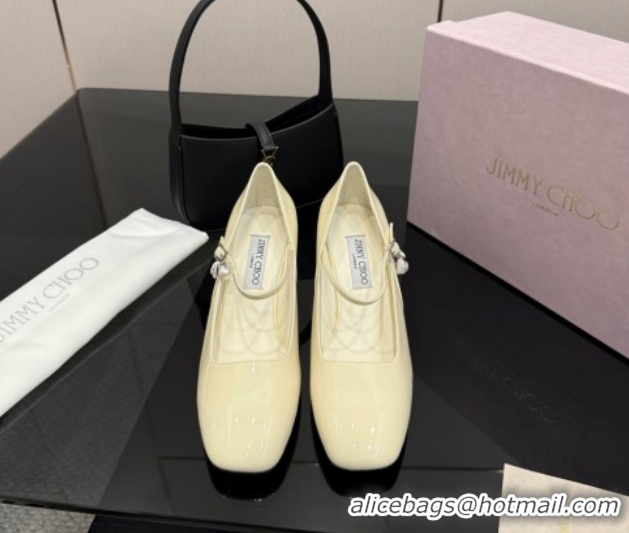 Most Popular Jimmy Choo Jenson Mary Janes Pump 6cm in Patent Leather with Pearls Bow White 1210067