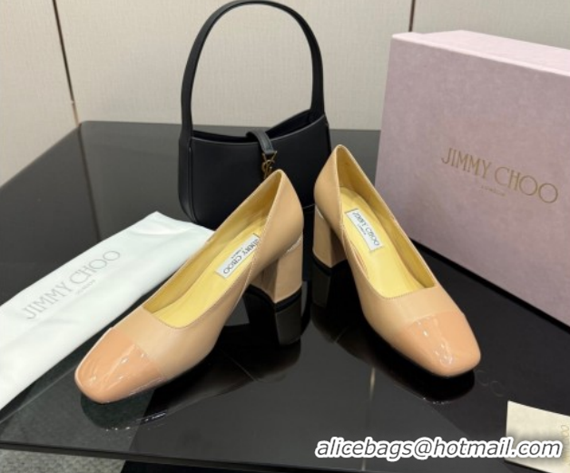 Popular Style Jimmy Choo Jenson Pumps 6cm in Calfskin and Patent Leather with Pearls Bow Nude 1210068