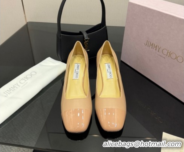 Popular Style Jimmy Choo Jenson Pumps 6cm in Calfskin and Patent Leather with Pearls Bow Nude 1210068