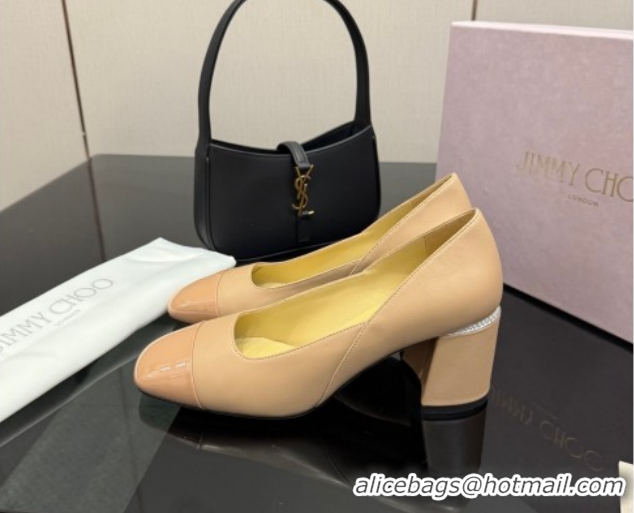 Popular Style Jimmy Choo Jenson Pumps 6cm in Calfskin and Patent Leather with Pearls Bow Nude 1210068
