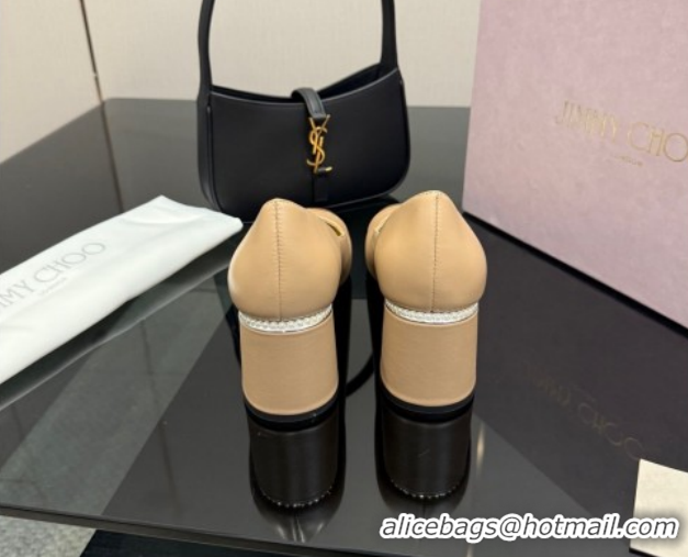 Popular Style Jimmy Choo Jenson Pumps 6cm in Calfskin and Patent Leather with Pearls Bow Nude 1210068