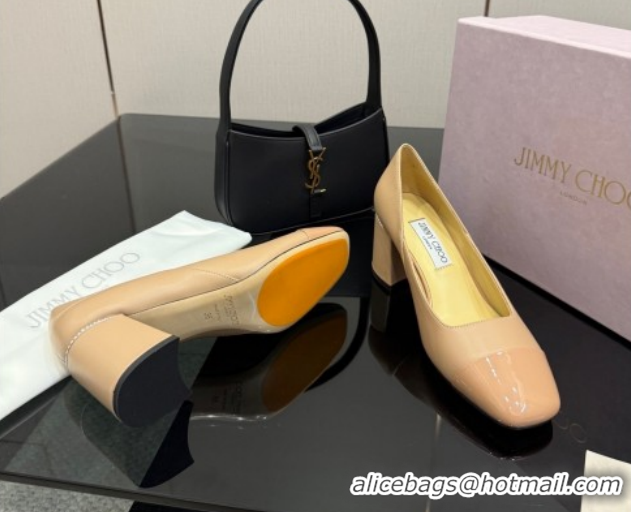 Popular Style Jimmy Choo Jenson Pumps 6cm in Calfskin and Patent Leather with Pearls Bow Nude 1210068