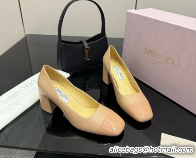 Popular Style Jimmy Choo Jenson Pumps 6cm in Calfskin and Patent Leather with Pearls Bow Nude 1210068