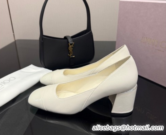 Best Price Jimmy Choo Jenson Pumps 6cm in Calfskin and Patent Leather with Pearls Bow White 1210069