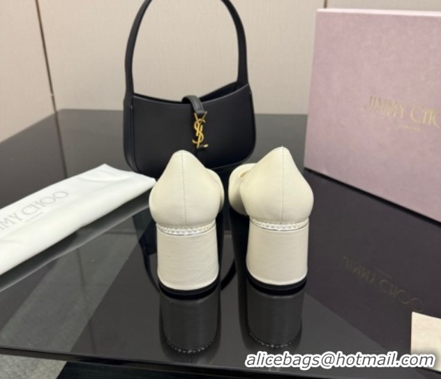 Best Price Jimmy Choo Jenson Pumps 6cm in Calfskin and Patent Leather with Pearls Bow White 1210069