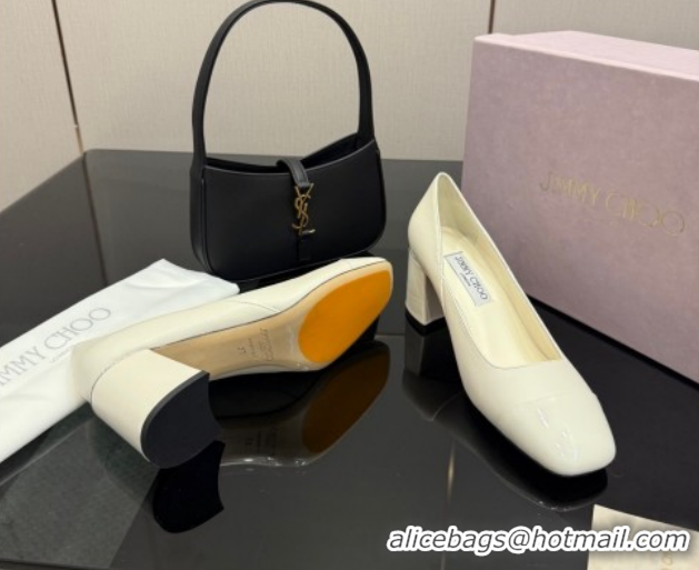 Best Price Jimmy Choo Jenson Pumps 6cm in Calfskin and Patent Leather with Pearls Bow White 1210069