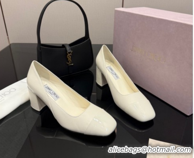 Best Price Jimmy Choo Jenson Pumps 6cm in Calfskin and Patent Leather with Pearls Bow White 1210069