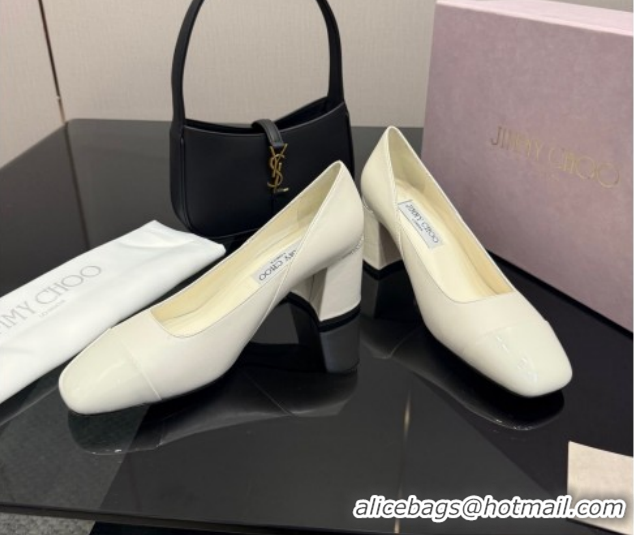 Best Price Jimmy Choo Jenson Pumps 6cm in Calfskin and Patent Leather with Pearls Bow White 1210069