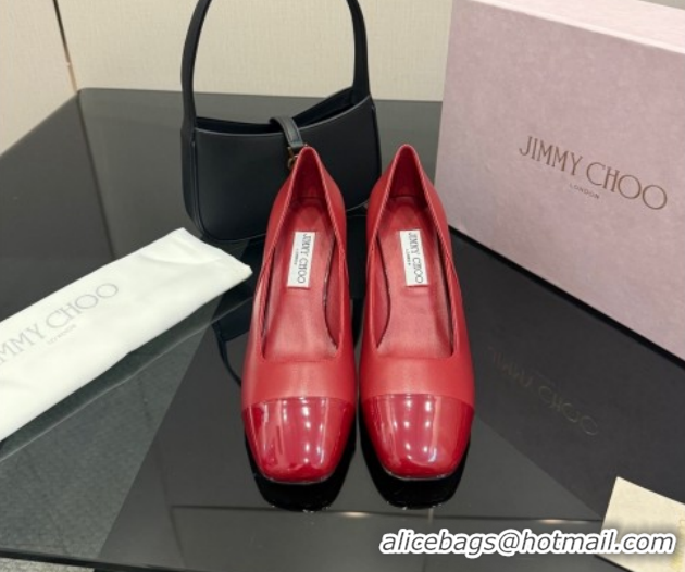 Top Design Jimmy Choo Jenson Pumps 6cm in Calfskin and Patent Leather with Pearls Bow Red 1210070