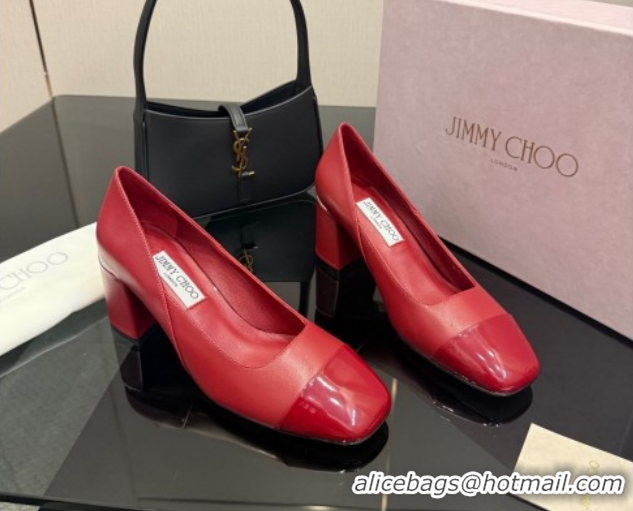 Top Design Jimmy Choo Jenson Pumps 6cm in Calfskin and Patent Leather with Pearls Bow Red 1210070