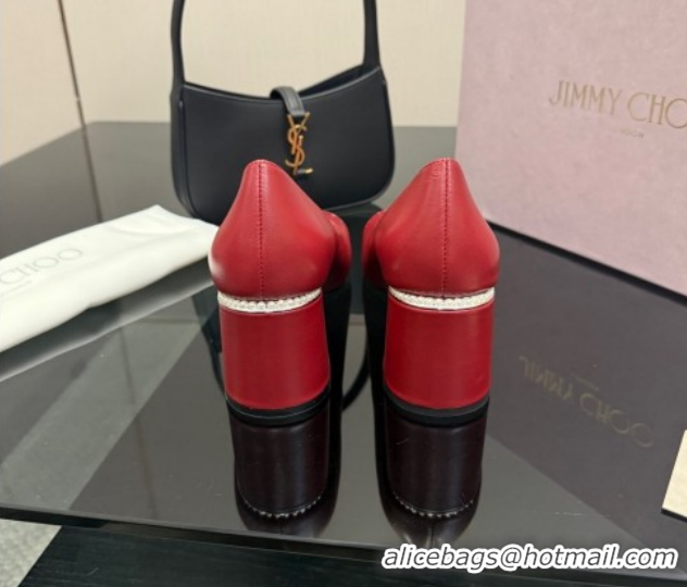 Top Design Jimmy Choo Jenson Pumps 6cm in Calfskin and Patent Leather with Pearls Bow Red 1210070