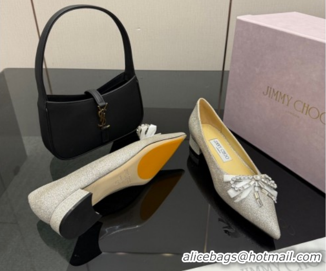 Durable Jimmy Choo Auria Pumps in Silver-Tone Glitter with Strass Bow 1210072