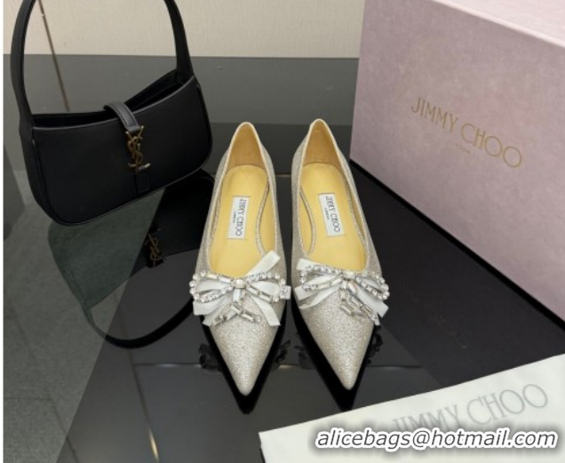 Durable Jimmy Choo Auria Pumps in Silver-Tone Glitter with Strass Bow 1210072