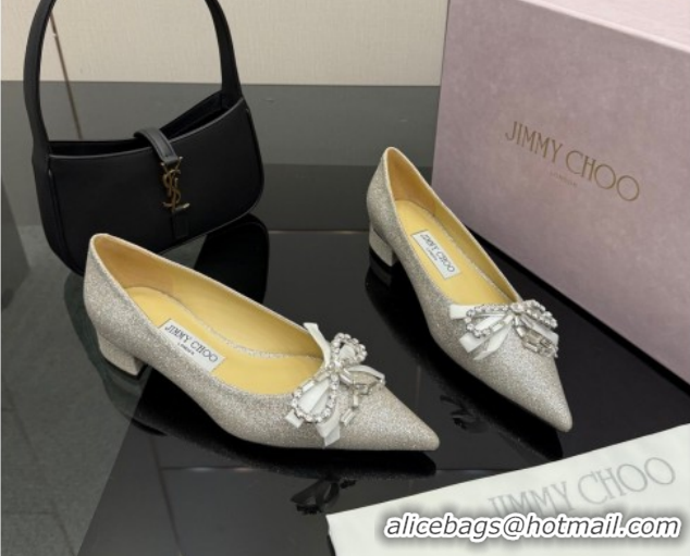 Durable Jimmy Choo Auria Pumps in Silver-Tone Glitter with Strass Bow 1210072