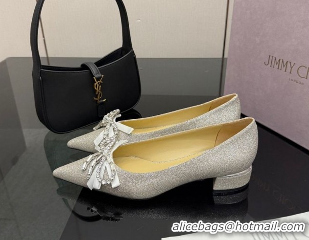 Durable Jimmy Choo Auria Pumps in Silver-Tone Glitter with Strass Bow 1210072