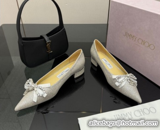 Durable Jimmy Choo Auria Pumps in Silver-Tone Glitter with Strass Bow 1210072