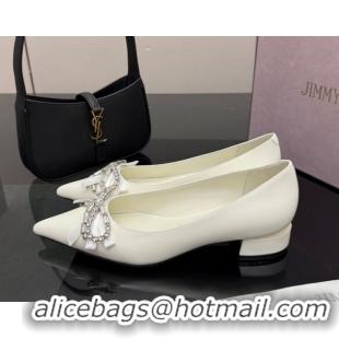 Hot Style Jimmy Choo Auria Pumps in Soft Calf Leather with Strass Bow White 1210075