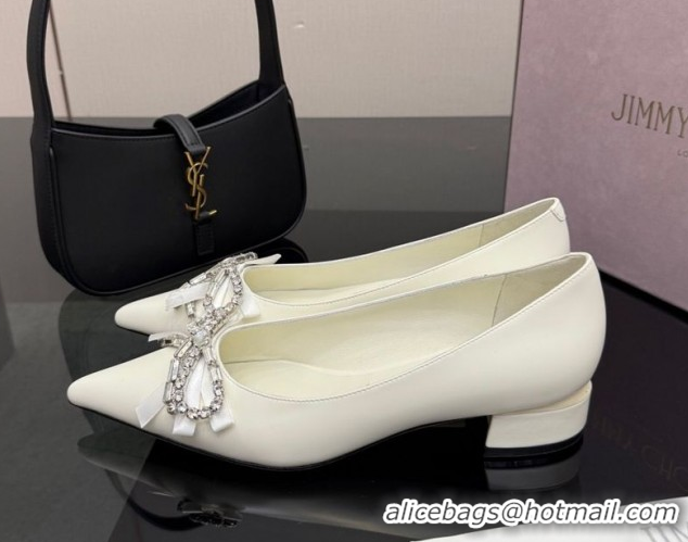 Hot Style Jimmy Choo Auria Pumps in Soft Calf Leather with Strass Bow White 1210075