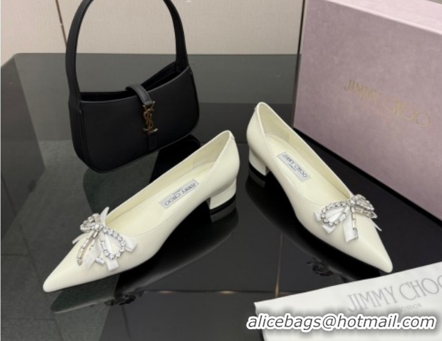 Hot Style Jimmy Choo Auria Pumps in Soft Calf Leather with Strass Bow White 1210075