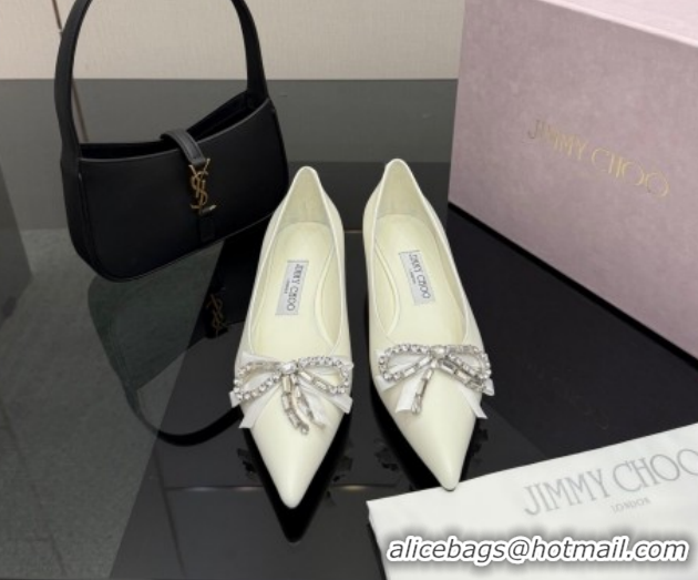 Hot Style Jimmy Choo Auria Pumps in Soft Calf Leather with Strass Bow White 1210075