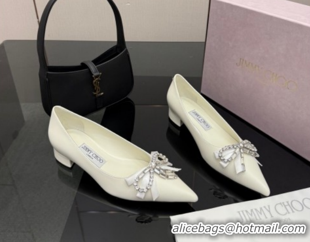 Hot Style Jimmy Choo Auria Pumps in Soft Calf Leather with Strass Bow White 1210075