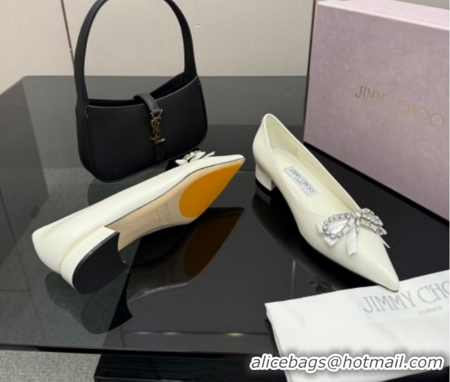 Hot Style Jimmy Choo Auria Pumps in Soft Calf Leather with Strass Bow White 1210075