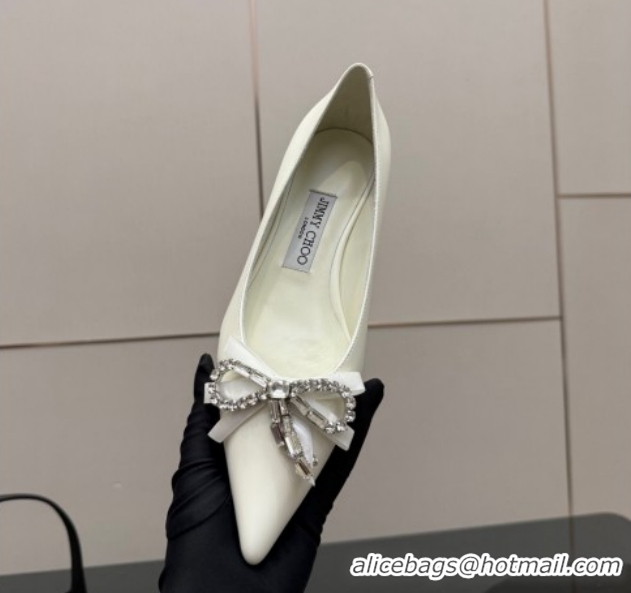 Hot Style Jimmy Choo Auria Pumps in Soft Calf Leather with Strass Bow White 1210075