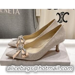 Good Quality Jimmy Choo Auria Pumps 6.5cm in Gold-Tone Glitters with Strass Bow 1210077