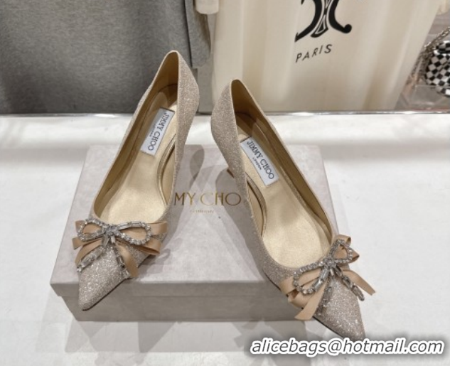 Good Quality Jimmy Choo Auria Pumps 6.5cm in Gold-Tone Glitters with Strass Bow 1210077