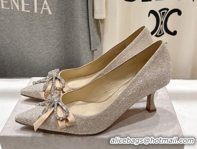 Good Quality Jimmy Choo Auria Pumps 6.5cm in Gold-Tone Glitters with Strass Bow 1210077