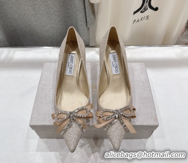 Good Quality Jimmy Choo Auria Pumps 6.5cm in Gold-Tone Glitters with Strass Bow 1210077