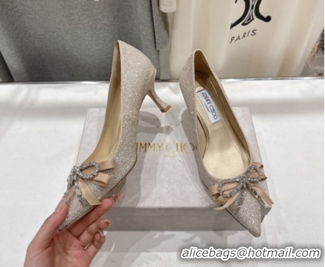 Good Quality Jimmy Choo Auria Pumps 6.5cm in Gold-Tone Glitters with Strass Bow 1210077