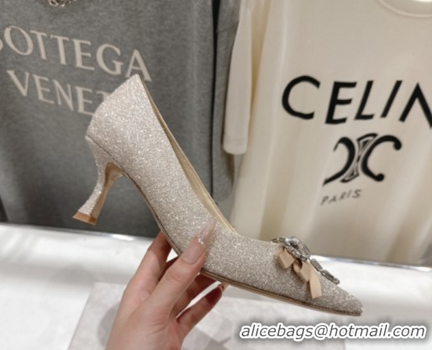 Good Quality Jimmy Choo Auria Pumps 6.5cm in Gold-Tone Glitters with Strass Bow 1210077