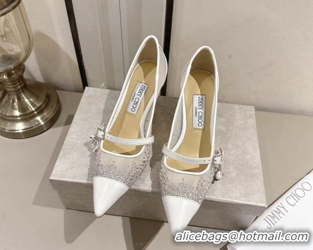 Top Design Jimmy Choo Aren Pumps 6.5cm in Mesh and Strass with Pearl Bow White 1210081
