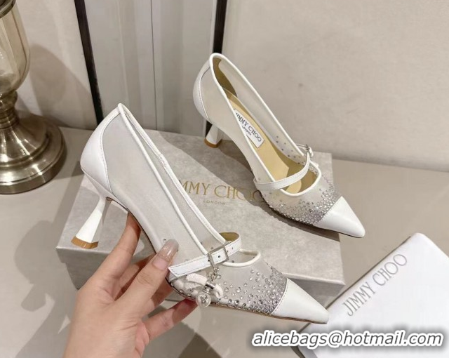 Top Design Jimmy Choo Aren Pumps 6.5cm in Mesh and Strass with Pearl Bow White 1210081