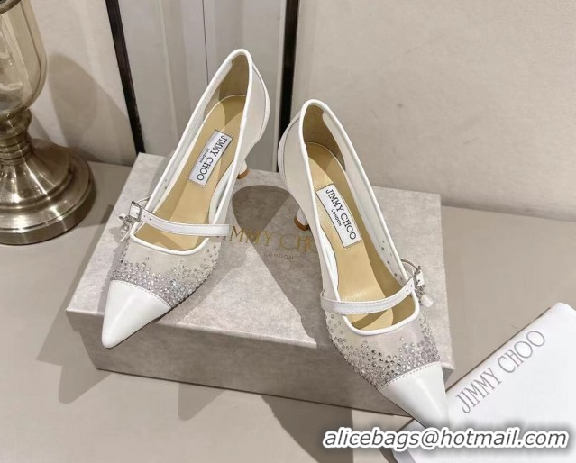 Top Design Jimmy Choo Aren Pumps 6.5cm in Mesh and Strass with Pearl Bow White 1210081