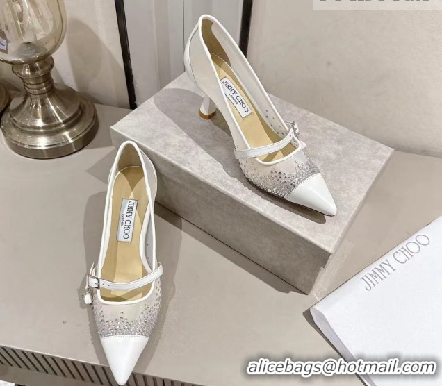 Top Design Jimmy Choo Aren Pumps 6.5cm in Mesh and Strass with Pearl Bow White 1210081