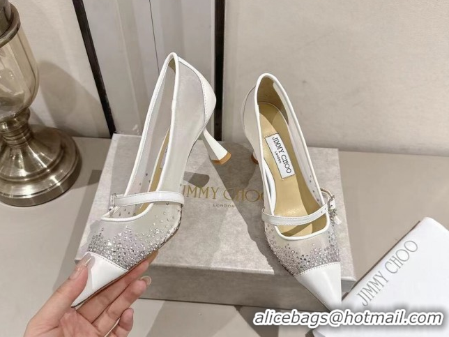 Top Design Jimmy Choo Aren Pumps 6.5cm in Mesh and Strass with Pearl Bow White 1210081