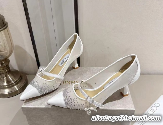 Top Design Jimmy Choo Aren Pumps 6.5cm in Mesh and Strass with Pearl Bow White 1210081