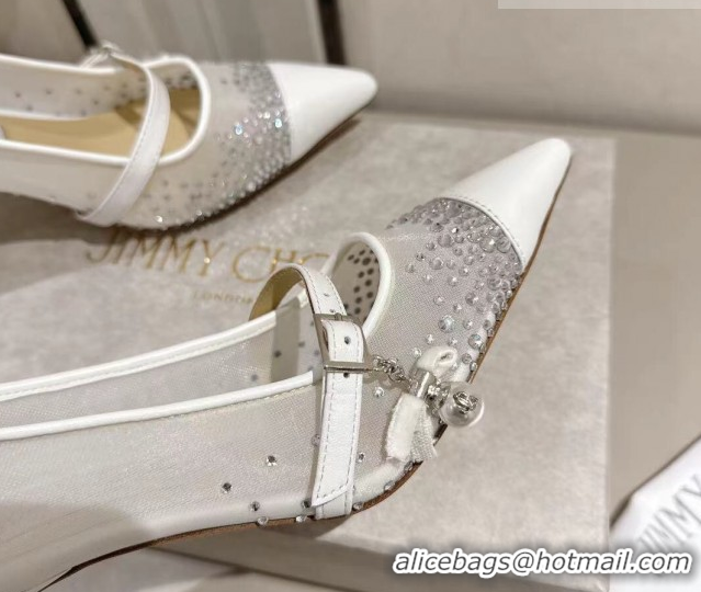Top Design Jimmy Choo Aren Pumps 6.5cm in Mesh and Strass with Pearl Bow White 1210081