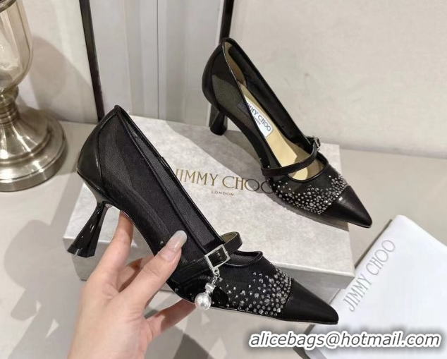 Charming Jimmy Choo Aren Pumps 6.5cm in Mesh and Strass with Pearl Bow Black 1210082