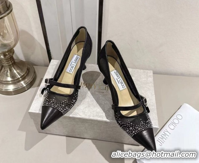 Charming Jimmy Choo Aren Pumps 6.5cm in Mesh and Strass with Pearl Bow Black 1210082